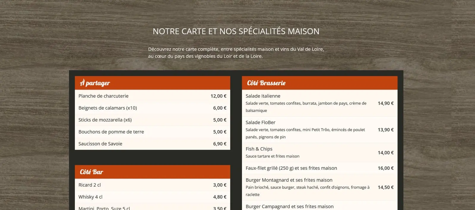 La carte du restaurant-pizzeria Chez-FloBer.fr, intégrée dans la page d'accueil du site Internet