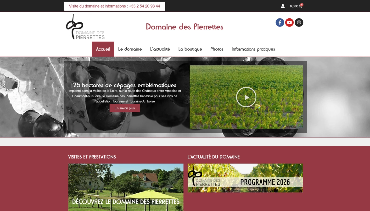 Site Internet du Domaine des Pierrettes, affiché sur un écran