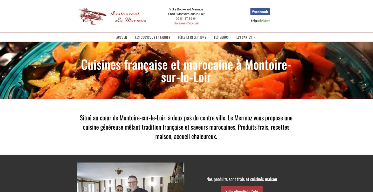 Page d'accueil du site du restaurant Le Mermoz à Montoire, affiché sur un écran